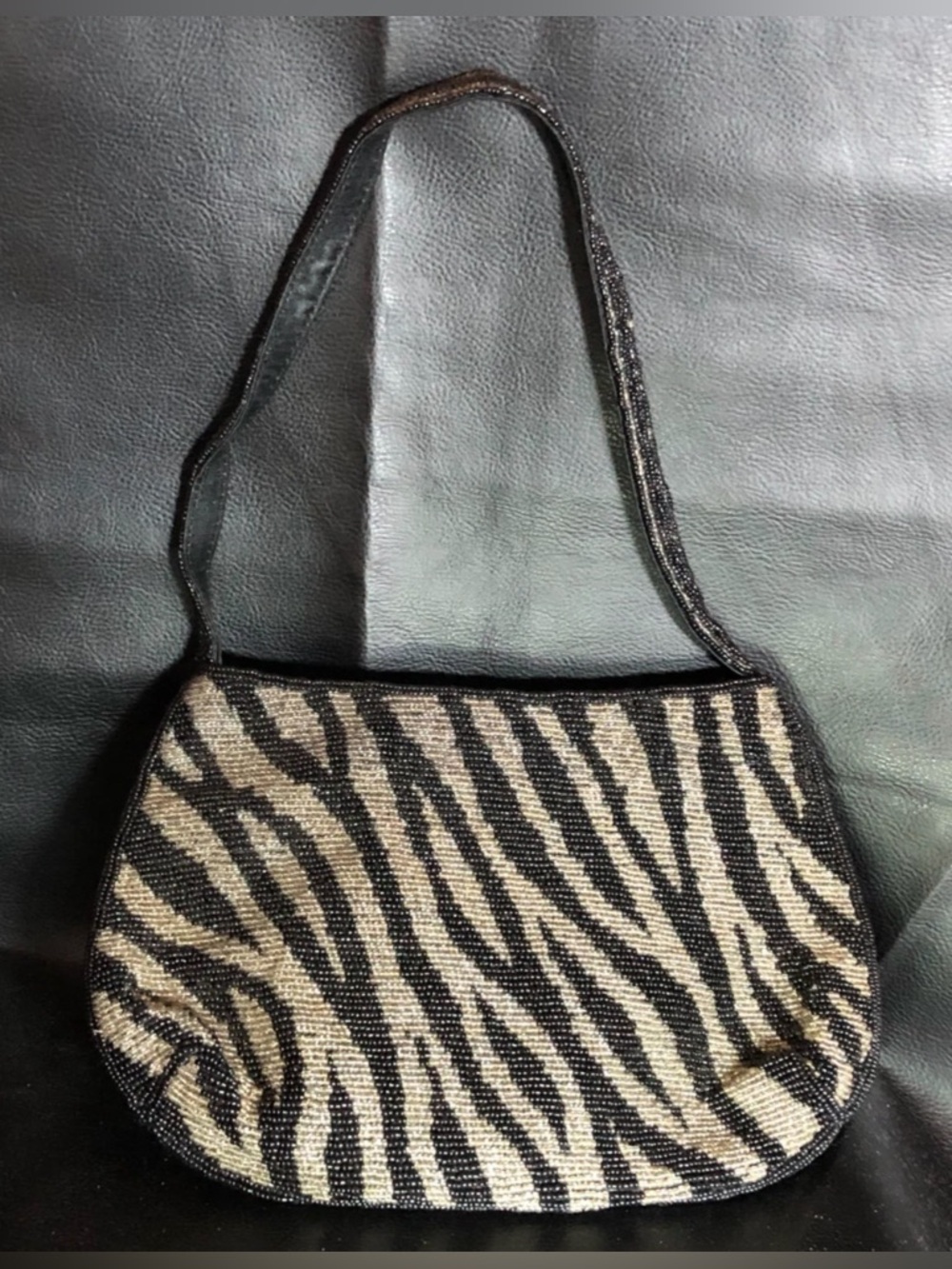 Vintage Beaded Purse Zebra Animal Print Glass Seed Bead Black Gray NOS 10x6